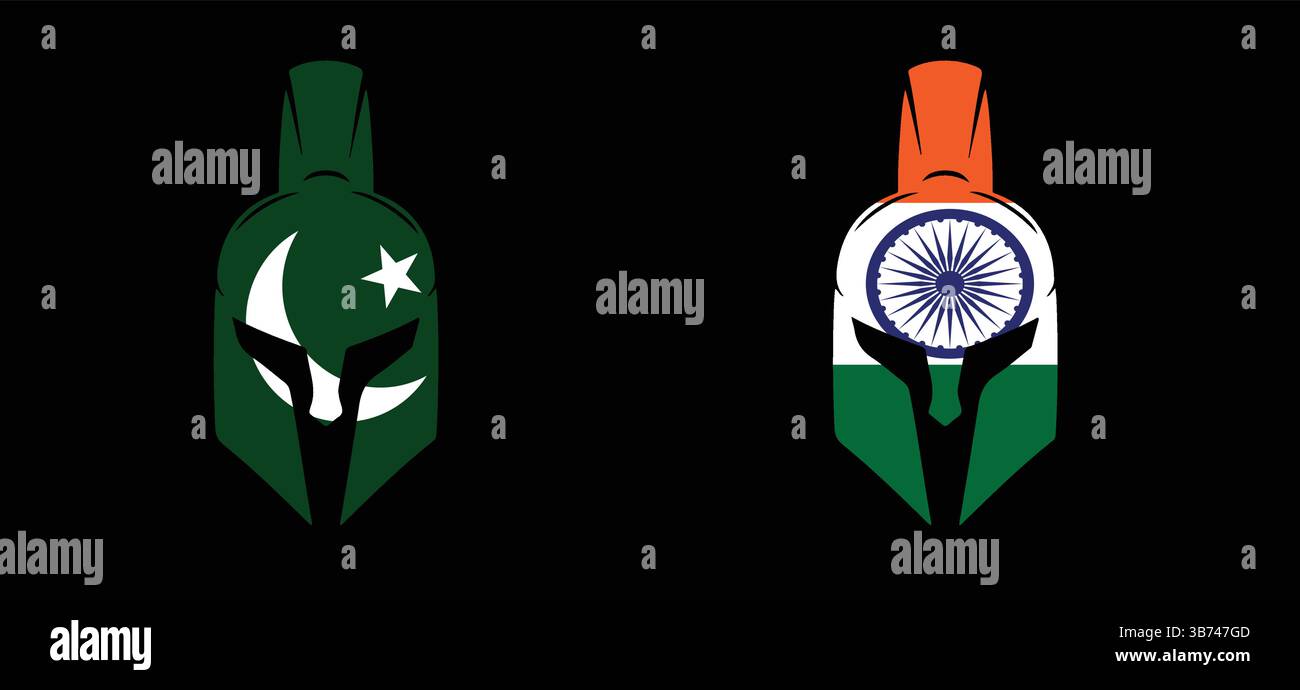 Indien gegen Pakistan Cricket Match - kreative Illustration von Fahnen und Schlagmannhelmen auf schwarzem Hintergrund. IND VS PAK CLASH Stock Vektor