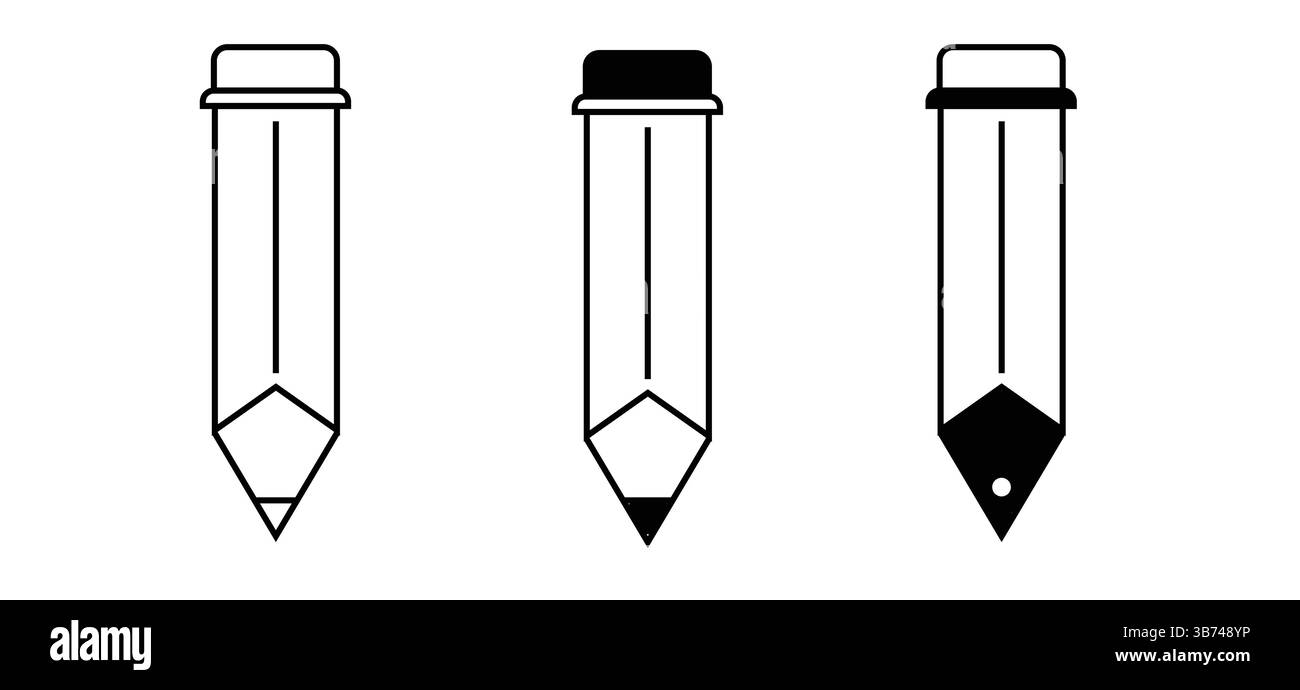 Bleistiftsymbole werden isoliert auf weißem Hintergrund gesetzt. Abbildung des Vektormaterials. EPS-bearbeitbare Datei. Flaches Design minimalistischer Stil. Stock Vektor