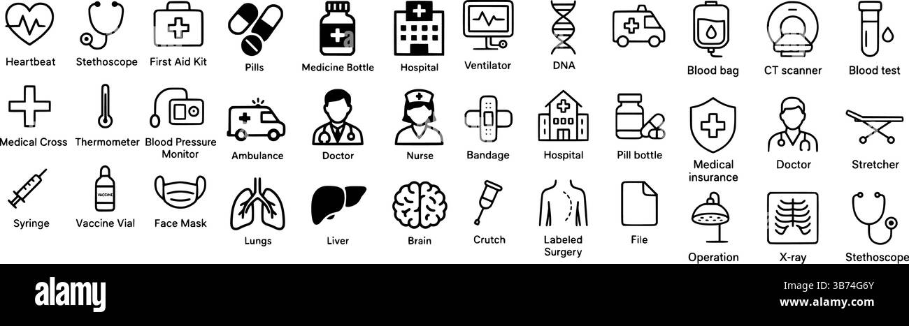 Medizinische und Healthcare Line und Solid Icons Set – editierbarer Vektorstil Stock Vektor