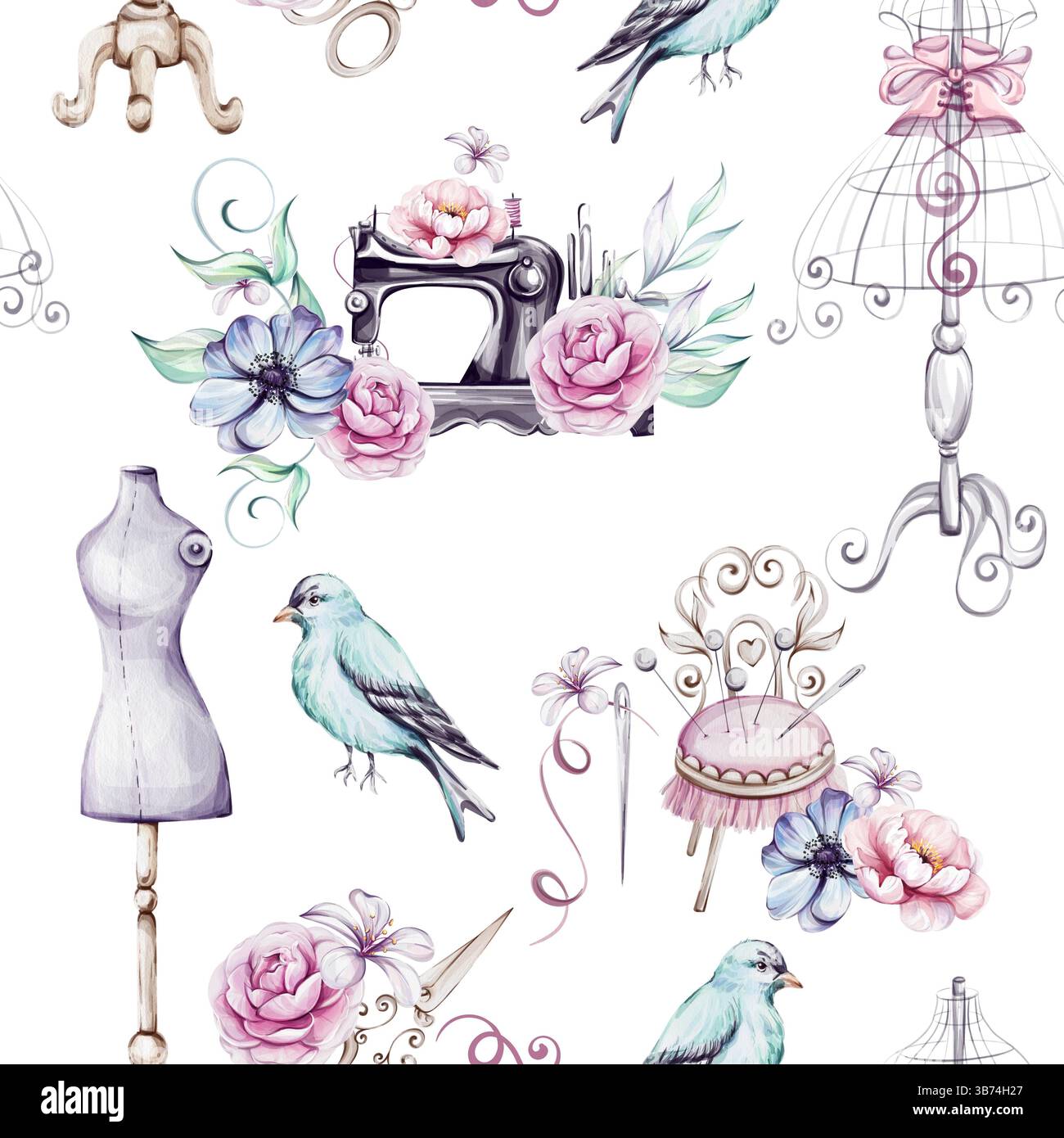 Nahtloses Aquarellmuster - Vintage-Nähmaschine, Mannequin-Ständer, für Schneiderei und Fashion Design und romantische Blumen. Strauß von Rosen und Stockfoto