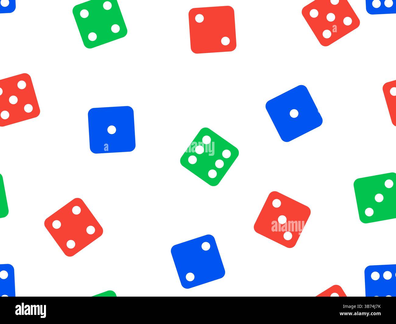 Nahtloses Würfelmuster. Grüne, rote und blaue Würfelwürfel auf weißem Hintergrund, Draufsicht. Casino Würfelspiel. Design für Apps, Banner, Broschüren, Cover. Vec Stock Vektor