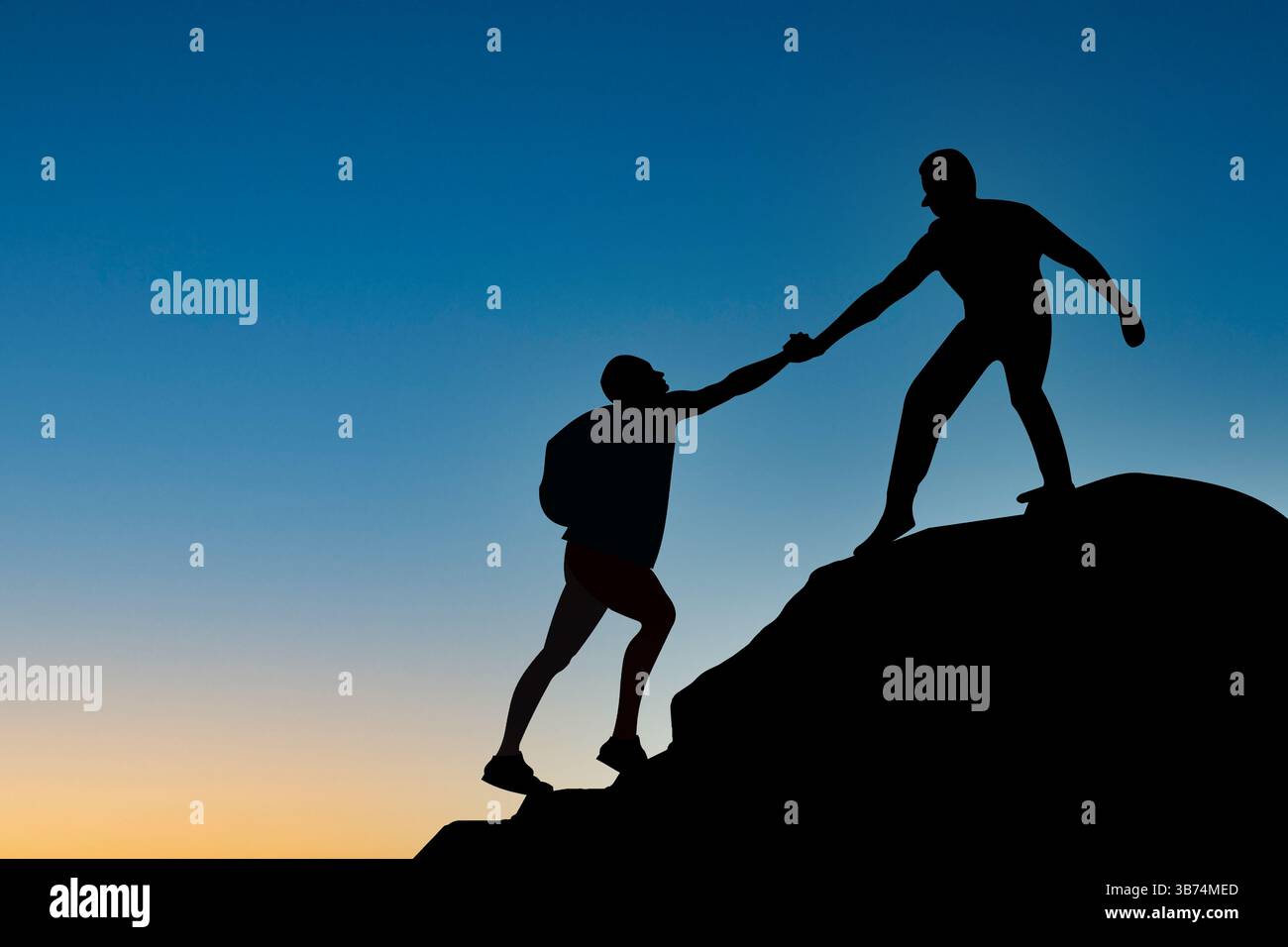 Zwei Kletterer nehmen an einem unterstützenden Moment Teil, während einer der beiden während eines lebhaften Sonnenuntergangs einen felsigen Gipfel hinaufzieht. Die Silhouetten heben Teamwork hervor Stockfoto