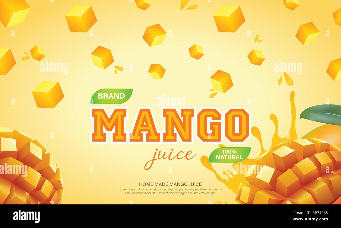 Frischer Mangosaft Werbedesign. Mangoscheibe, Saftspritzer mit fallenden Mangowürfeln auf Hintergrund, Werbung horizontaler Bannervektor. Stock Vektor