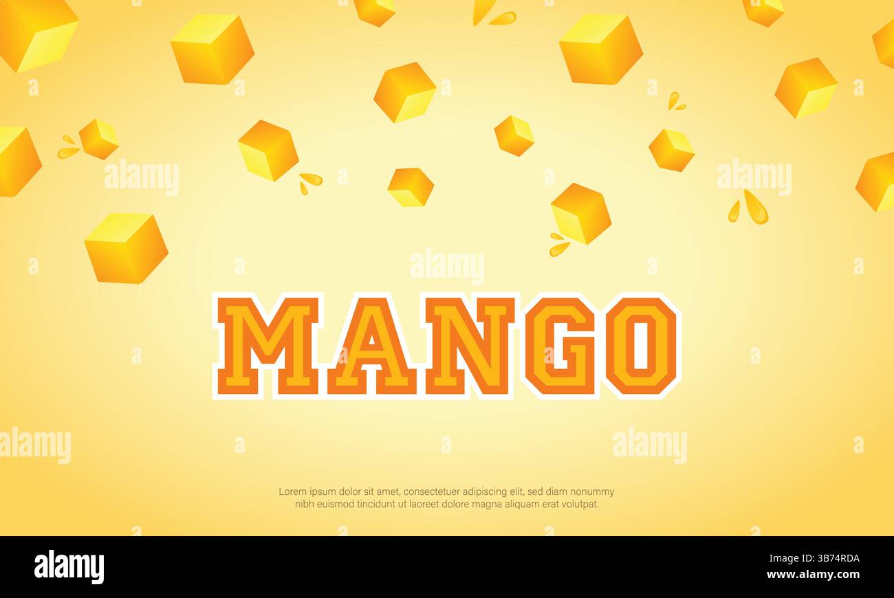 Fallende Mangowürfel auf Hintergrund, horizontales Banner-Vektordesign von Mango. Stock Vektor