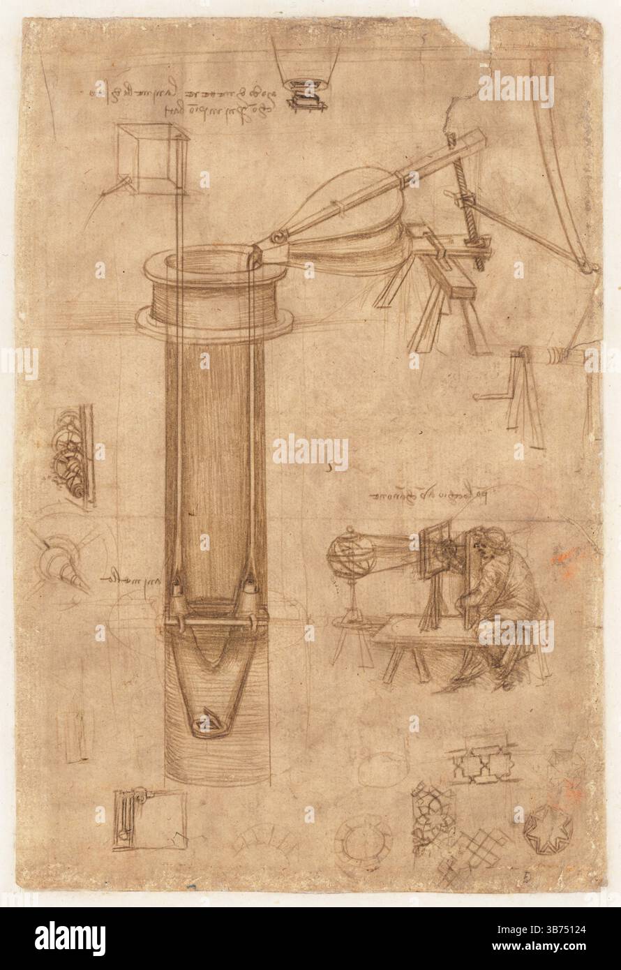 Codex Atlanticus, Folio 5 Recto: Eine Hydraulikpumpe und ein Prospekteur. MUSEUM: VENERANDA BIBLIOTECA AMBROSIANA. VERFASSER: LEONARDO DA VINCI. Stockfoto