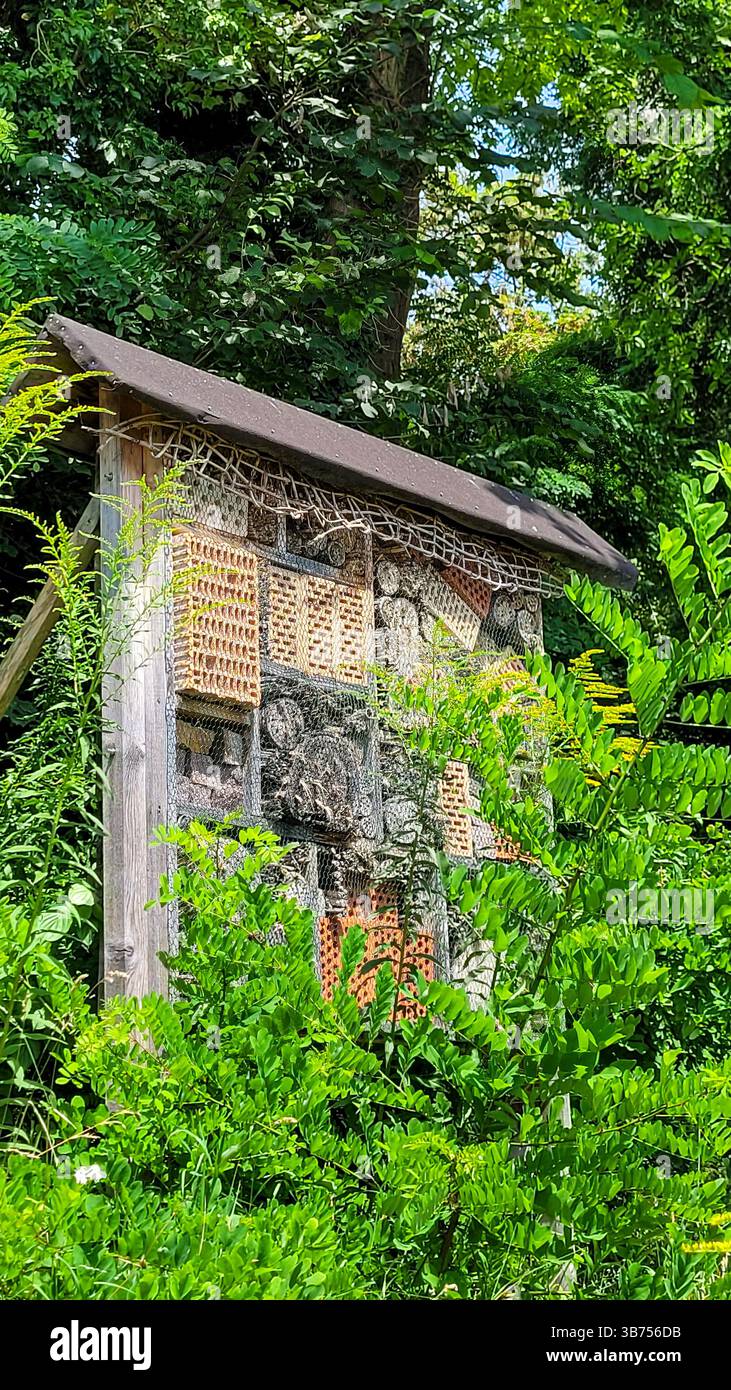 Ein Insektenhotel in einem Garten oder Wald mit Kacheldach als Regenschutz. Lebensraum für kleine Insekten. Stockfoto