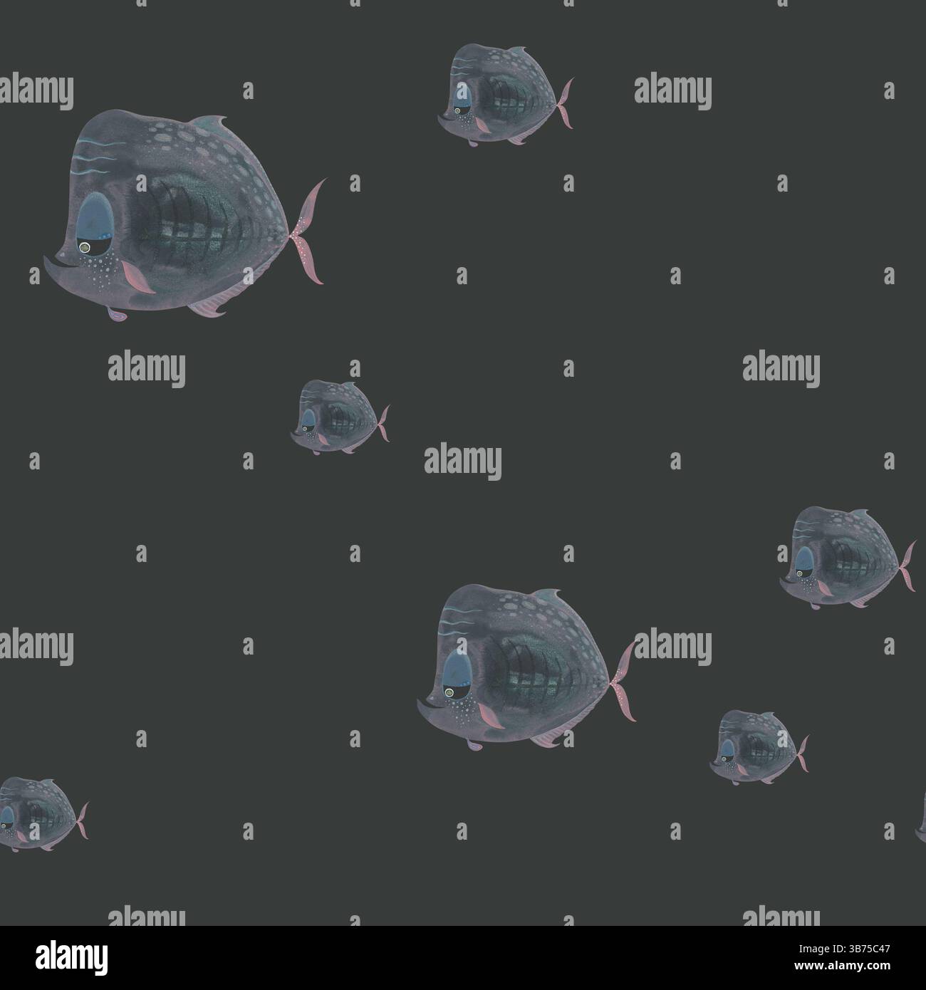 Schwarzes, nahtloses Marinemuster. Fisch Aquarellillustration auf dunklem Hintergrund. Perfekt für Modestoffe, luxuriöse Produktverpackungen, Geschenktaschen Stockfoto