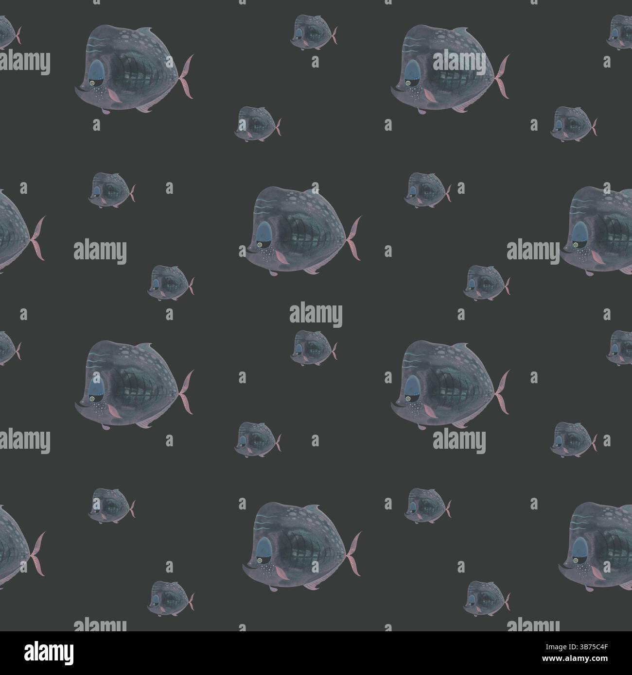 Blasses Fischmuster auf schwarzem Hintergrund. Handgezeichnete Aquarellillustration. Durchscheinende Fischschwärme in gedämpften Tönen. Ideal für Textilien, stationär Stockfoto