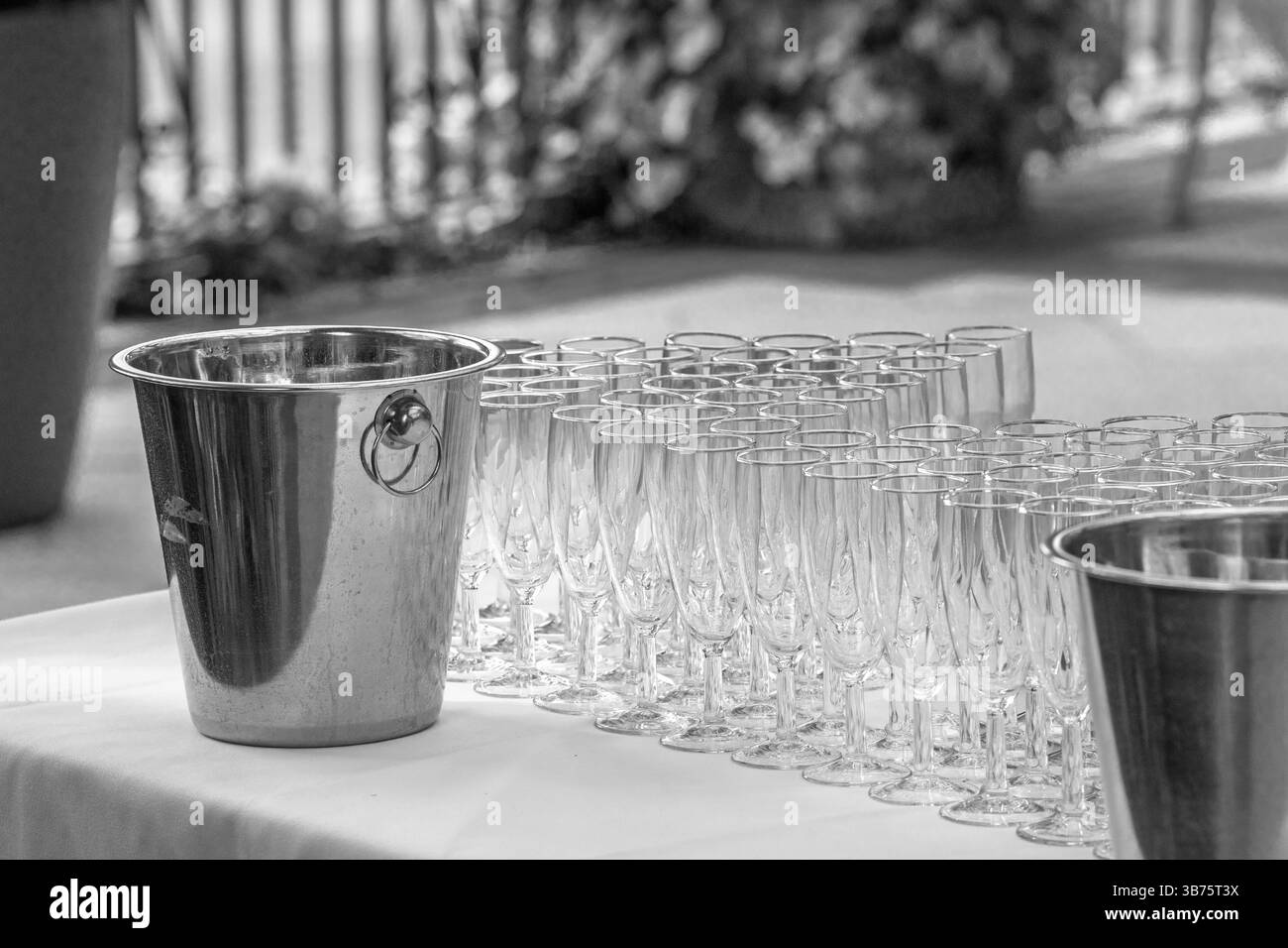 Auf einem Tisch steht ein Eiskübel neben Reihen exquisiter Sektgläser bereit. Stockfoto