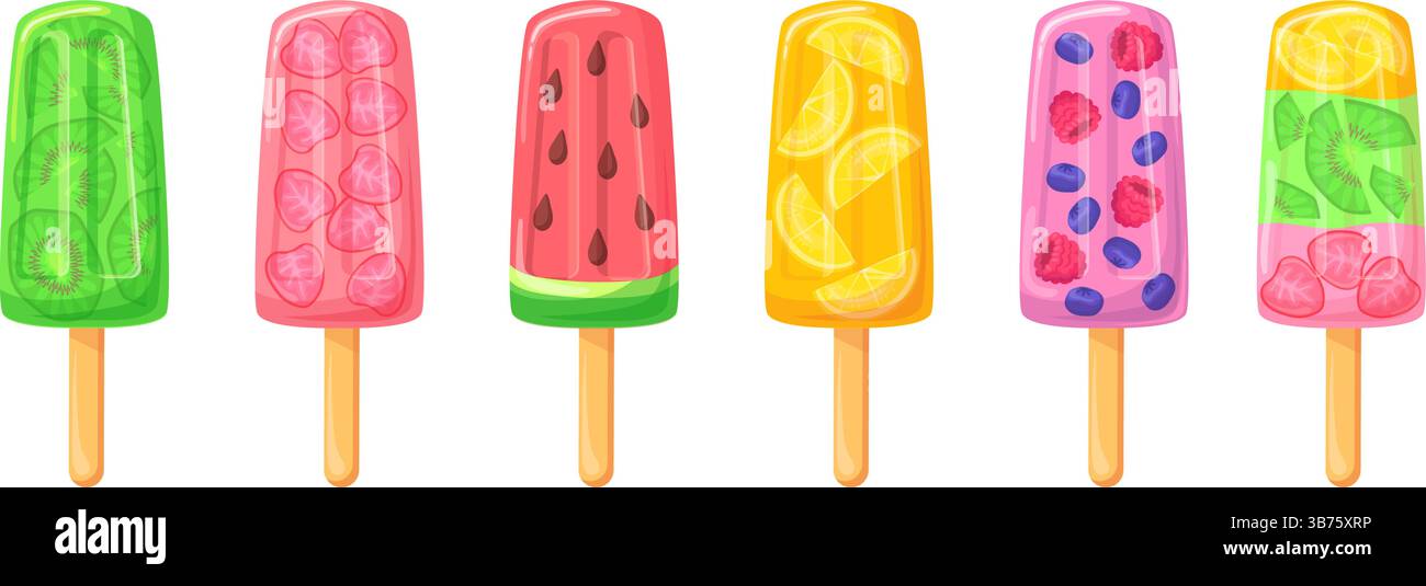 Fruchteiskel. Popsicle Cartoon Eis auf Stock, gefrorenen Saft Wasser eskimo frische Erdbeere Kiwi Wassermelone Aromen Eis Popstick Sommer Lutscher, saubere Vektor Illustration Original Kunstwerk Stock Vektor