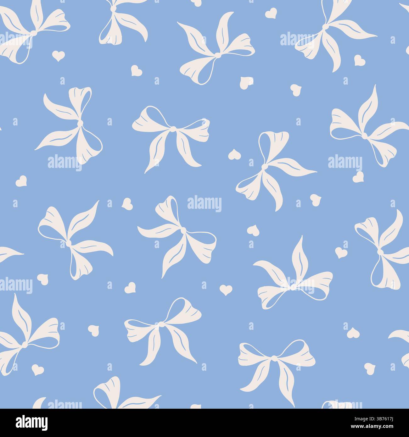 Coquette Bogen werfen nahtlose Vektor Muster, nette Creme weiß Hand gezeichnete gebundene Bänder auf Pastel Blau. Vektorabbildung Stock Vektor