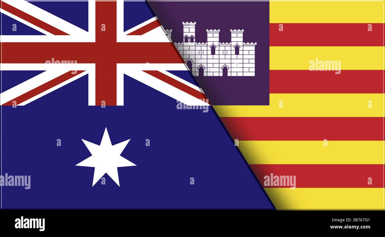 Doppelflagge von Australien und Balearen. Australische und balearische Nationalflaggen. 3D-Abbildung. Abbildung: Doppelmarkierung. Zwei Flags Stockfoto
