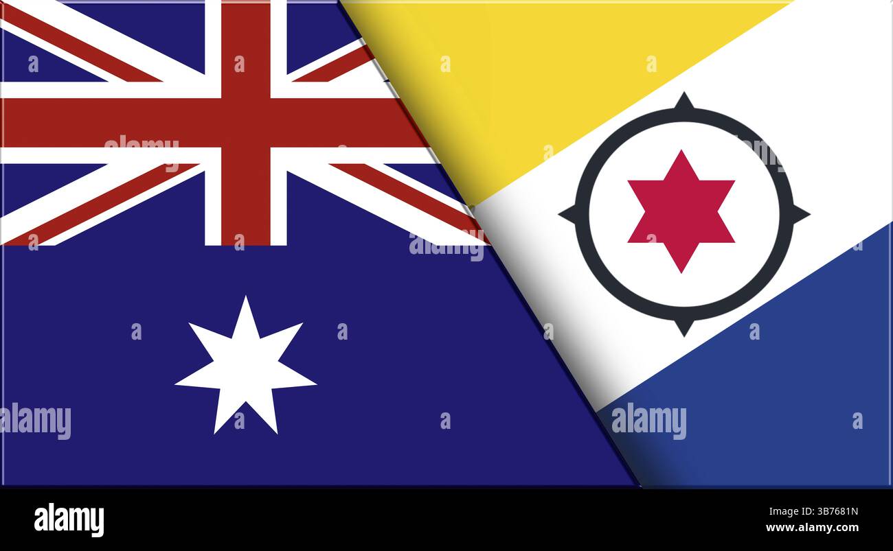 Doppelflagge von Australien und Bonaire. Australische und Bonaire Nationalflaggen. 3D-Abbildung. Abbildung: Doppelmarkierung. Nationales Symbol. Zwei Flags Stockfoto