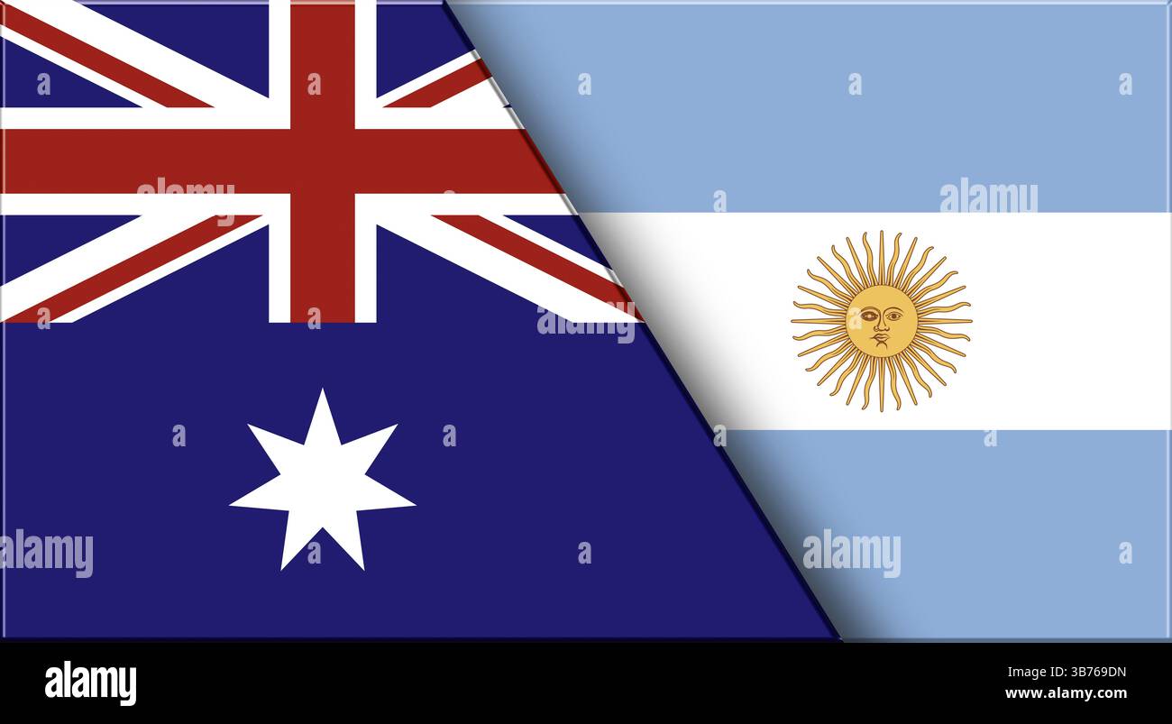 Doppelflagge von Australien und Argentinien. Australische und argentinische Nationalflaggen. 3D-Abbildung. Abbildung: Doppelmarkierung. Nationales Symbol. Zwei Fl Stockfoto