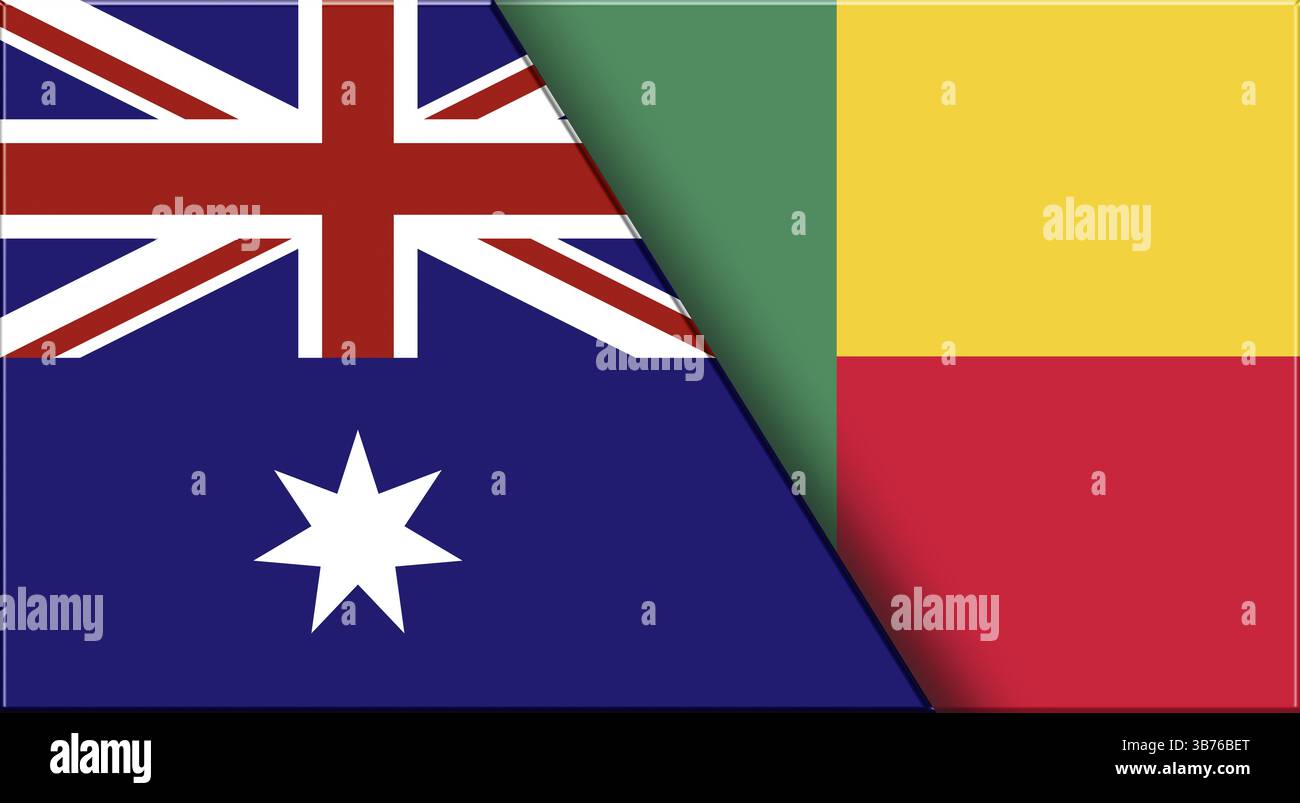 Doppelflagge von Australien und Benin. Australische und beninesische Nationalflaggen. 3D-Abbildung. Abbildung: Doppelmarkierung. Nationales Symbol. Zwei Markierungen T Stockfoto