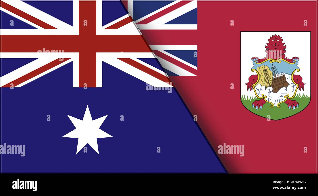 Doppelflagge von Australien und Bermuda. Australische und Bermudas Nationalflaggen. 3D-Abbildung. Abbildung: Doppelmarkierung. Nationales Symbol. Zwei F Stockfoto