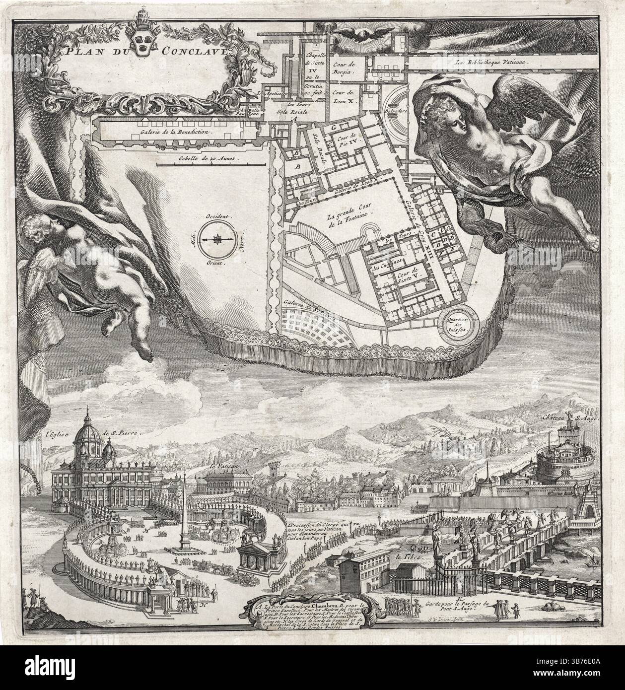 Jan van Vianen, Blick auf den Vatikan mit Peterskirche auf der linken Seite und Engelsburg auf der rechten Seite. Oben eine Karte, flankiert von zwei Engeln: p Stockfoto