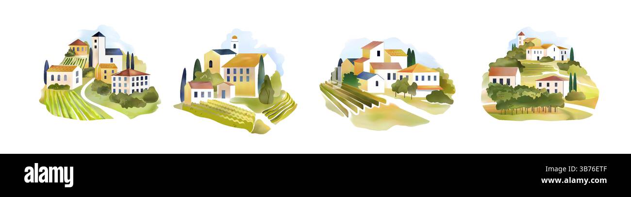 Italienische Landschaft. Italienisches Haus in Olivenhain. Toskana-Dorf-Panorama. Ländliche Weinfarm mit altem Sommerbaum. Romantische europäische Zeichnunglandschaft. Landhaus. Vektor-Malerhintergründe-Set Stock Vektor