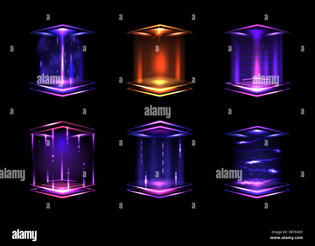 Helles Quadrat. 3D-Strahlenportal, futuristisches Hologramm mit orangefarbenem Energieeffekt. Laserglühlicht, Universereise. Teleport-Trichter mit leuchtenden Strahlen, Teleport-Podest mit Scheinwerferlicht, Vektor-Hintergrund Stock Vektor