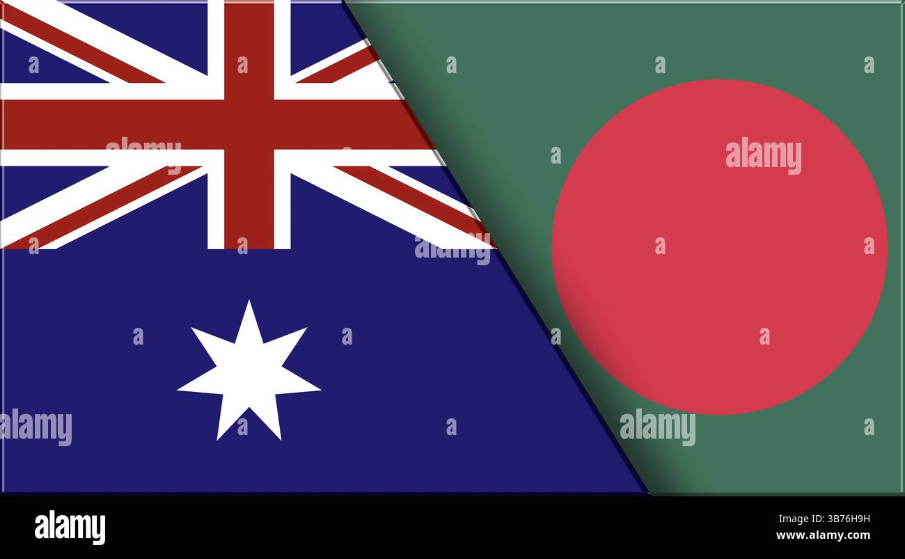 Doppelflagge von Australien und Bangladesch. Australische und Bangladesche Nationalflaggen. 3D-Abbildung. Abbildung: Doppelmarkierung. Nationales Symbol. Zwei Stockfoto