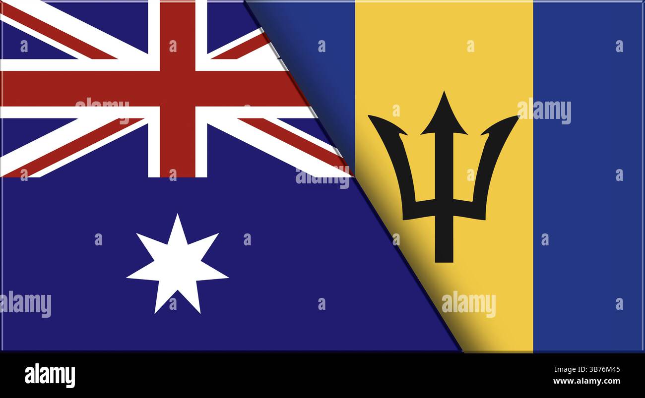 Doppelflagge von Australien und Barbados. Australische und Barbadische Nationalflaggen. 3D-Abbildung. Abbildung: Doppelmarkierung. Nationales Symbol. Zwei Fla Stockfoto