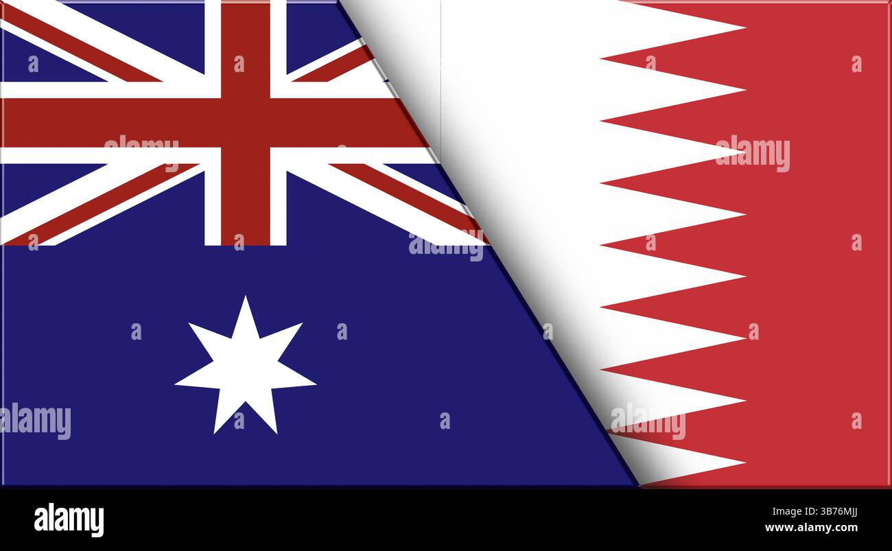Doppelflagge von Australien und Bahrain. Australische und bahrainische Nationalflaggen. 3D-Abbildung. Abbildung: Doppelmarkierung. Nationales Symbol. Zwei Flags Stockfoto