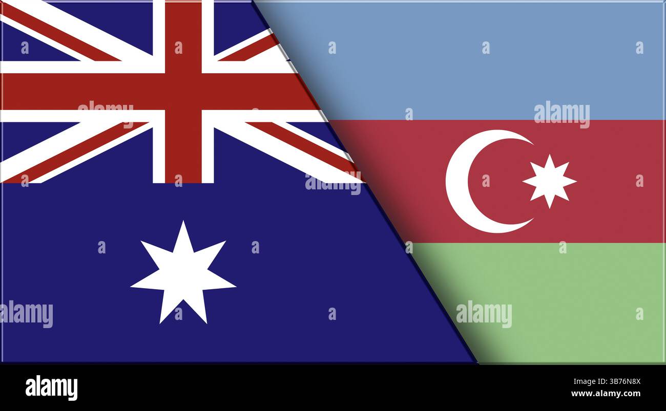 Doppelflagge von Australien und Aserbaidschan. Australische und aserbaidschanische Nationalflaggen. 3D-Abbildung. Abbildung: Doppelmarkierung. Zwei Flags Zusammen Stockfoto
