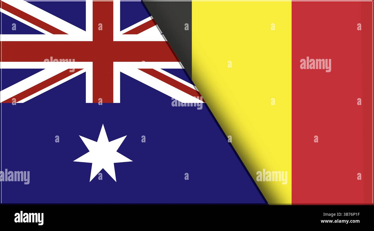 Doppelflagge von Australien und Belgien. Australische und belgische Nationalflaggen. 3D-Abbildung. Abbildung: Doppelmarkierung. Nationales Symbol. Zwei Flags Stockfoto