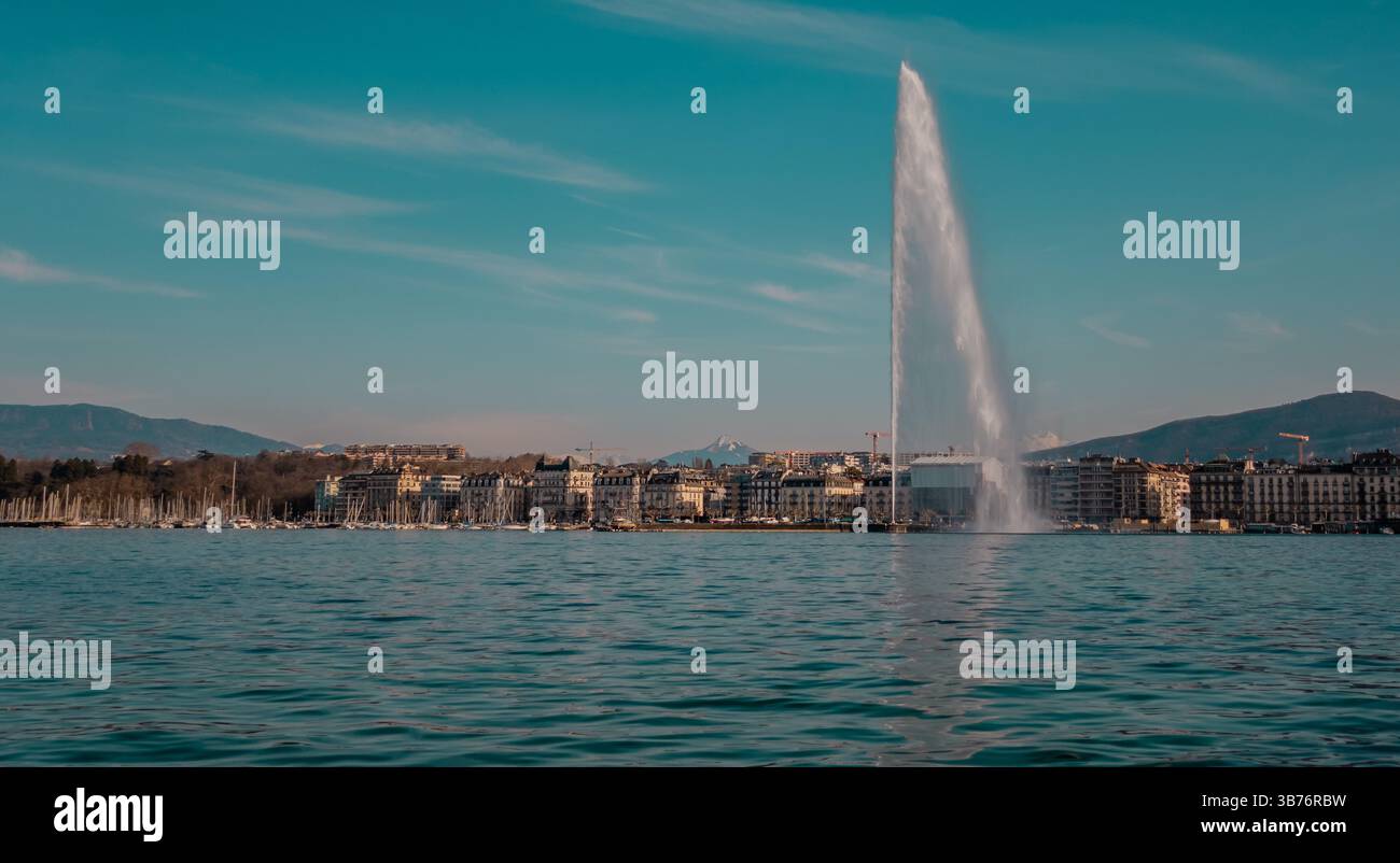 Der berühmte Genfer Brunnen (Jet d'eau) in Genf, Schweiz Stockfoto