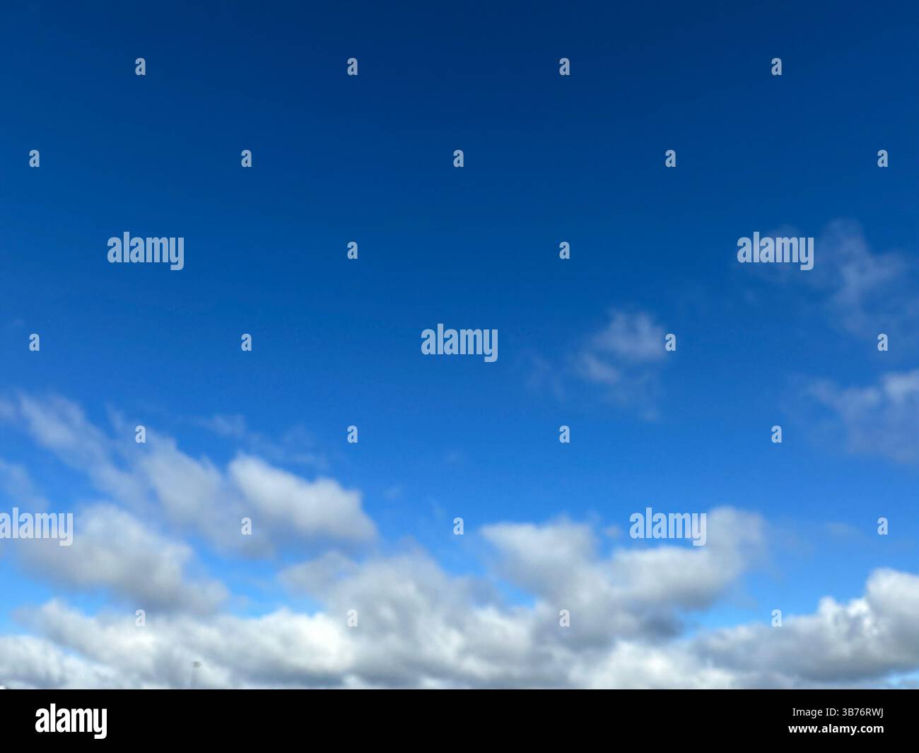 Der tiefblaue Himmel ist gefüllt mit flauschigen weißen Wolken an einem schönen Tag. Stockfoto
