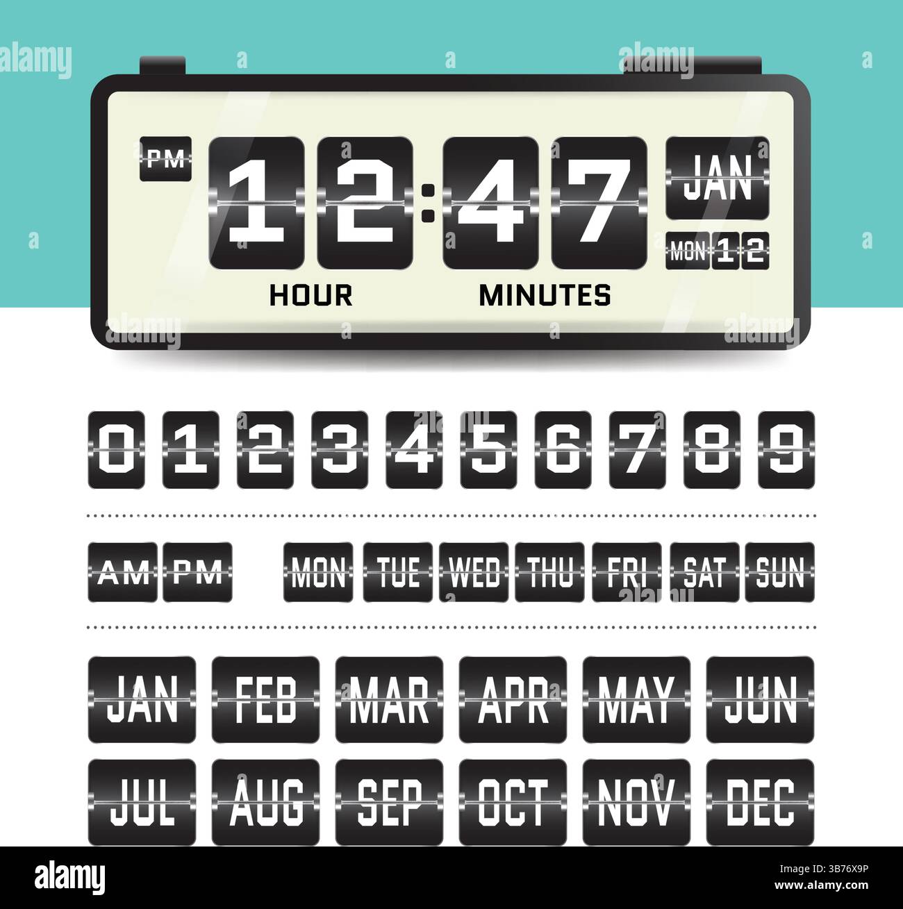 Ein Vektorsatz aus Flip-Clock-UI-Elementen, einschließlich Zahlen, Wochentagen und Monaten. Ideal für die Erstellung individueller digitaler Zeitanzeigen in Apps, im Web oder im Druck Stock Vektor