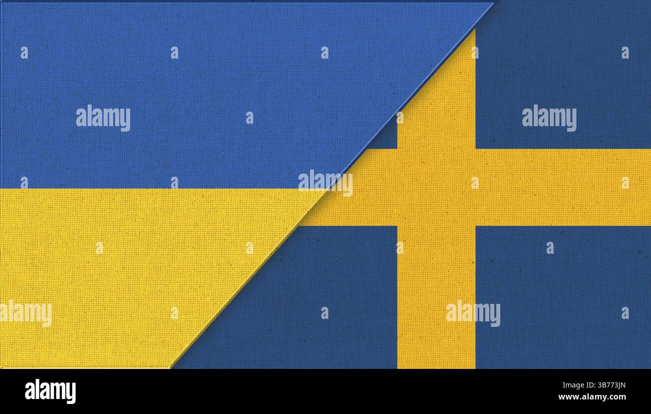 Flaggen der Ukraine und Schwedens. Zwei Flags. Nationale Symbole der Ukraine und Schwedens. Beziehungen zwischen der Ukraine und Schweden. Diplomatische Beziehungen zwischen zwei Ländern Stockfoto