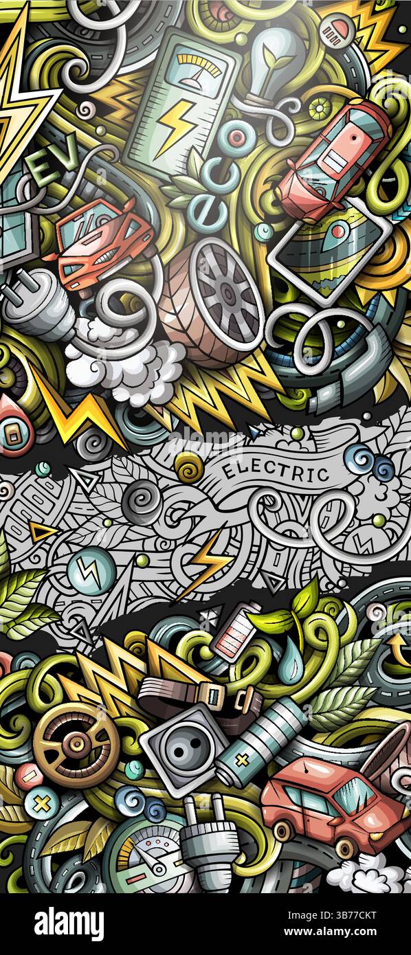 Handgezeichnetes Kritzelbanner für Elektrofahrzeuge. Detaillierter Flyer für Cartoon. Automobil-Identität mit Objekten und Symbolen. Farbvektor-Design-Elemente Backgro Stock Vektor