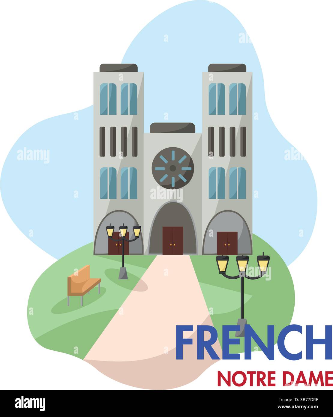 Vorderansicht des Cartoons Notre Dame. Vektorabbildung Stock Vektor