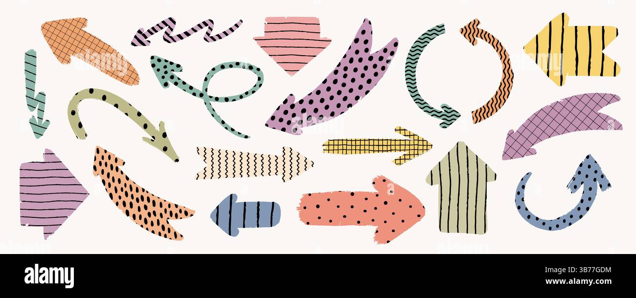 Handgezeichnete Pfeilkollektion mit farbenfrohen abstrakten Texturen und verspielten Pinselstrichen. Vektor-Designelemente, perfekt für Notizen und Memo-Aufkleber Stock Vektor