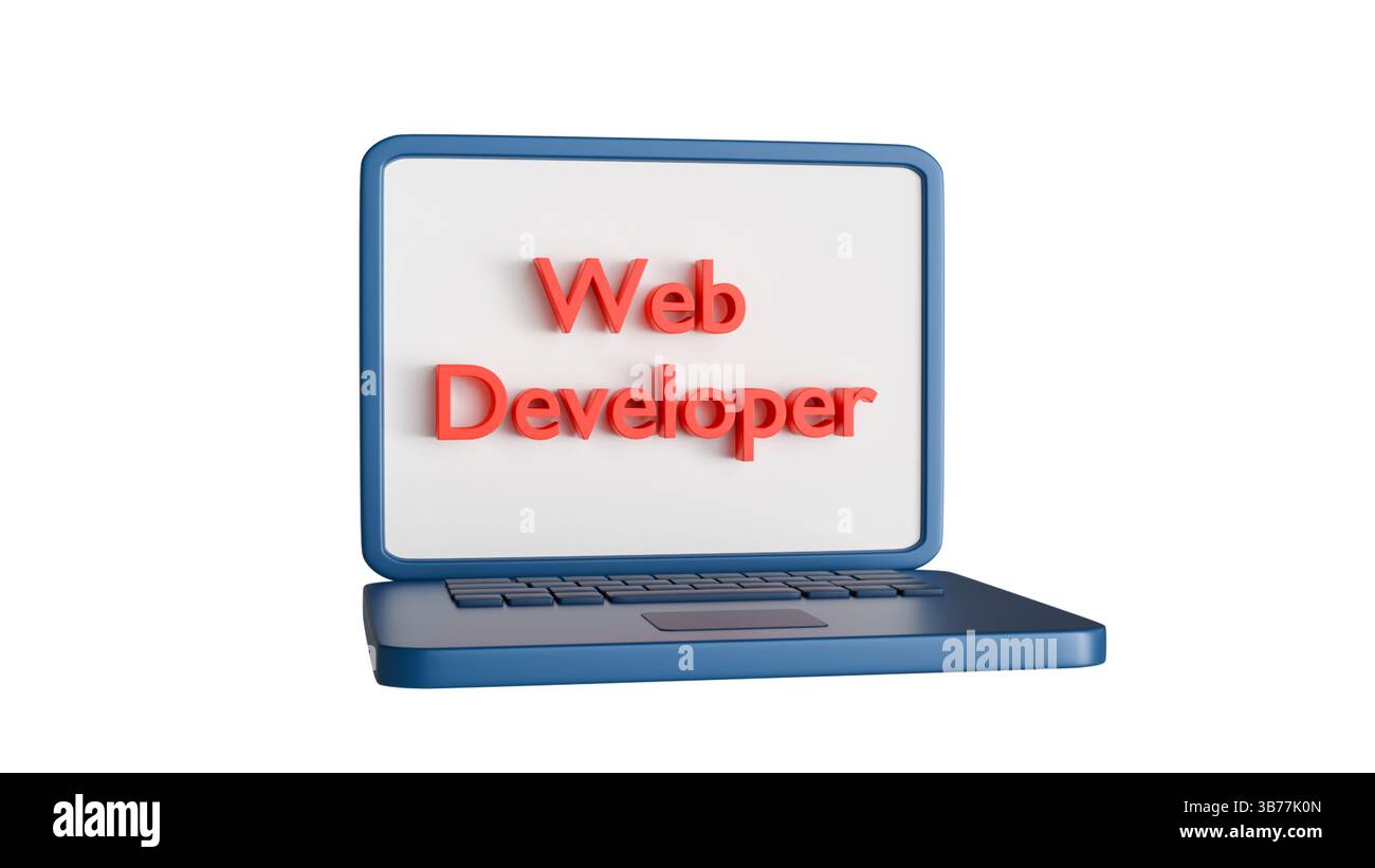 3D-Laptop blau mit der Aufschrift auf dem Bildschirm Web Developer auf weißem Hintergrund, Programmierung und Entwicklung von Websites und Programmen Stockfoto