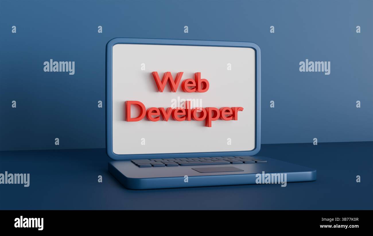 3D-Laptop blau mit der Aufschrift auf dem Bildschirm Web Developer auf weißem Hintergrund, Programmierung und Entwicklung von Websites und Programmen Stockfoto