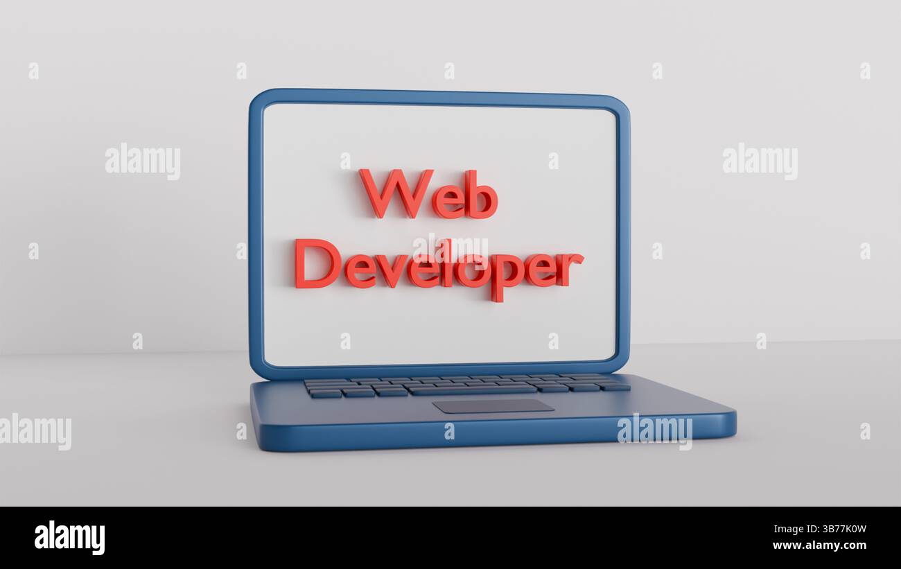 3D-Laptop blau mit der Aufschrift auf dem Bildschirm Web Developer auf weißem Hintergrund, Programmierung und Entwicklung von Websites und Programmen Stockfoto
