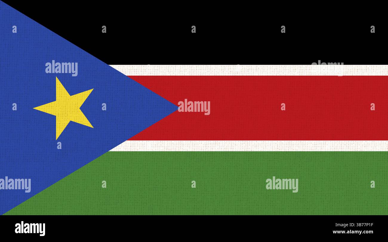 Flagge von Südsudan. Südsudanesische Flagge auf Stoffoberfläche. Textur des Gewebes. Nationales Symbol des Südsudan auf gemustertem Hintergrund. Republik Stockfoto