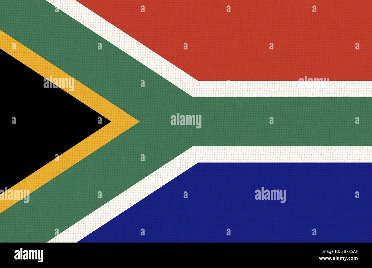 Flagge von Südafrika. Südafrikanische Flagge auf Textoberfläche. Textur des Gewebes. Nationales Symbol Südafrikas auf gemustertem Hintergrund. Republik o Stockfoto