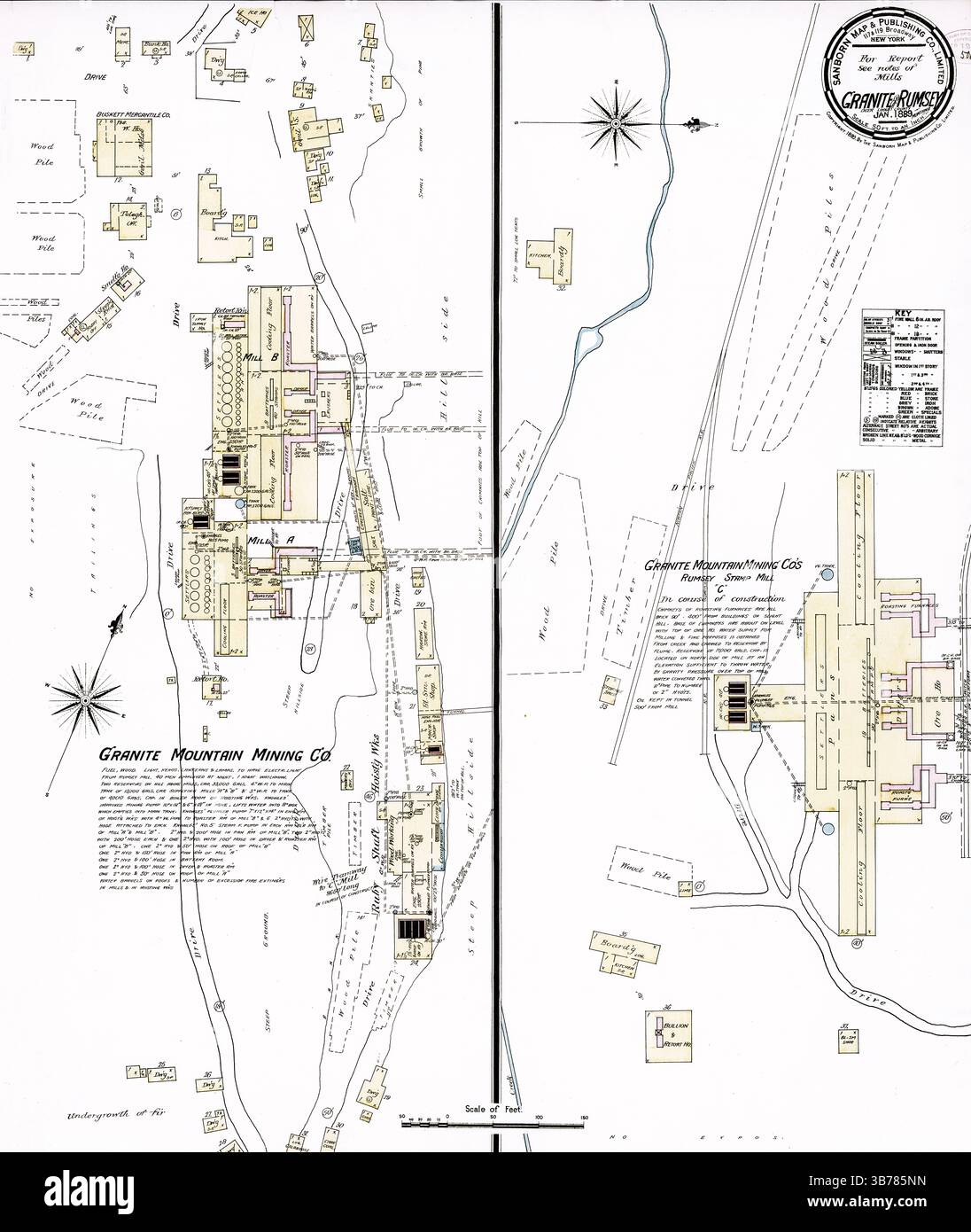 Sanborn Fire Insurance Map, Granite, Deer Lodge County, Montana, historischer Stadtplan, detailliertes Gebäudelayout, öffentlich zugänglich Stockfoto