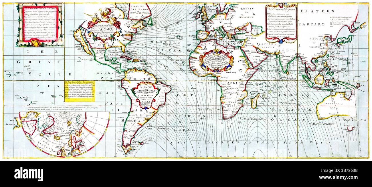 Eine lebendige und farbenfrohe Weltkarte im Vintage-Stil, auf der verschiedene geografische Details und Umrisse wunderschön dargestellt werden. Nova exacatissima totius terrarum orbi Stockfoto