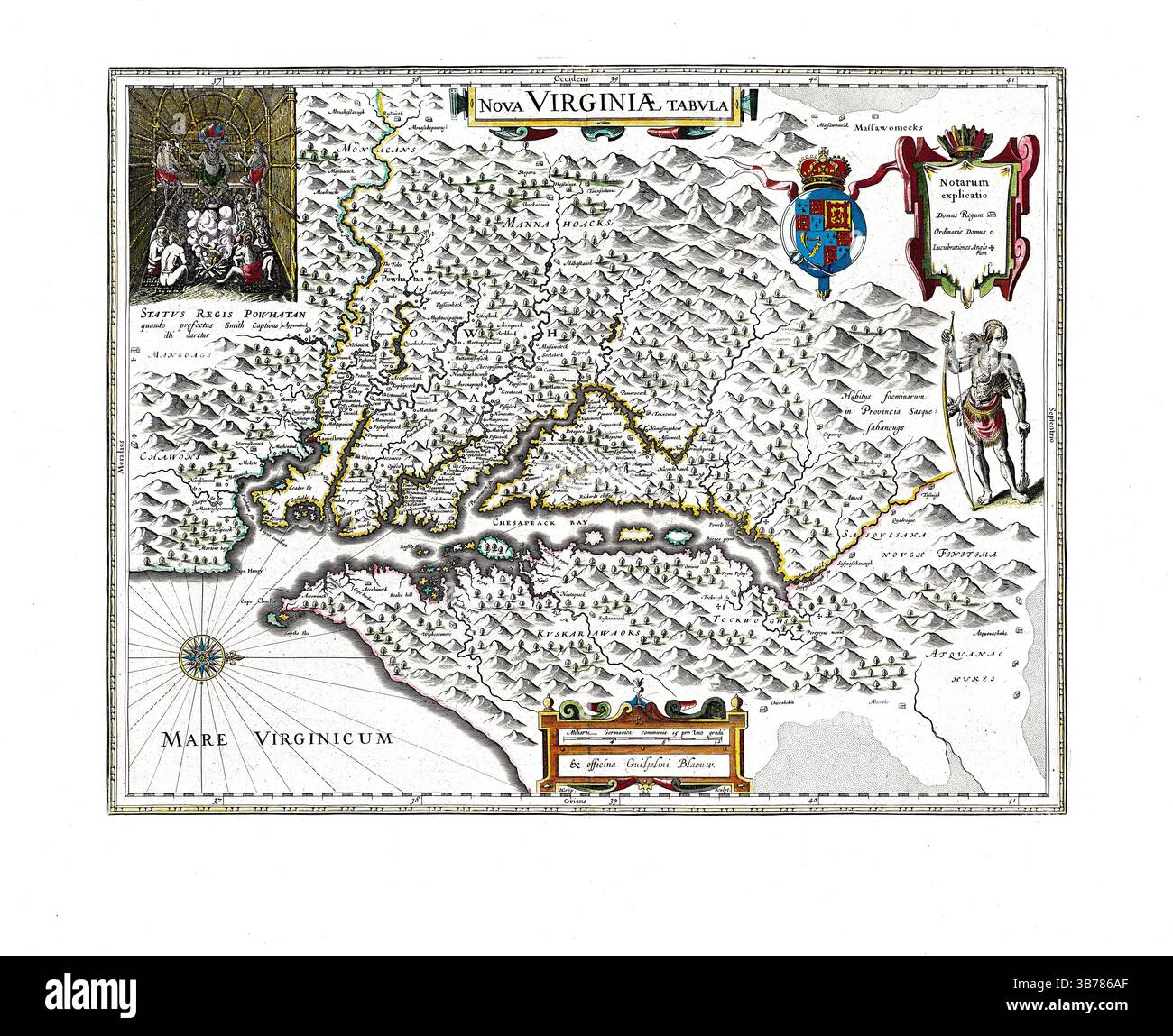 Nova Virginiae Tabula, antike Karte von Virginia und Chesapeake Bay von Willem Blaeu, niederländische Kartographie aus dem 17. Jahrhundert, 1630er Jahre Stockfoto