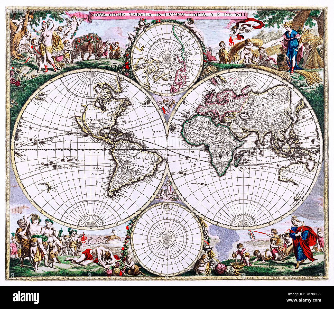 Nova Orbis Tabula in Lucem Edita, antike Weltkarte von Frederik de Wit, niederländische Kartographie des 17. Jahrhunderts, Amsterdam, 1660er Jahre Stockfoto