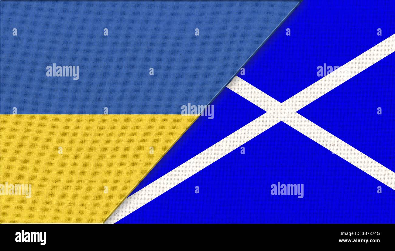 Flaggen der Ukraine und Schottlands. Zwei Flags. Nationale Symbole der Ukraine und Schottlands. Beziehungen zwischen der Ukraine und Schottland. Diplomatische Beziehungen zwischen zwei Stockfoto