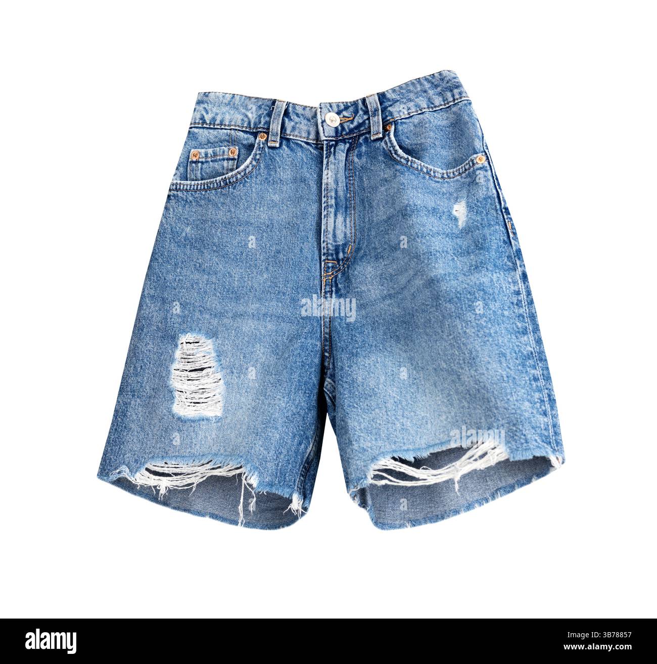 Denim-Shorts mit isoliertem Objekt auf weiß. Sommerbekleidung für Damen. Stockfoto