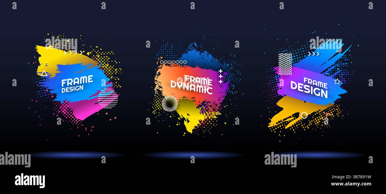 Vektorabbildung. Dynamische Hintergründe in kräftigen Farben. Moderne Kunstgrafik. Pinselstrich mit Text. Spritzer- und Halbtonpunkte malen Stock Vektor