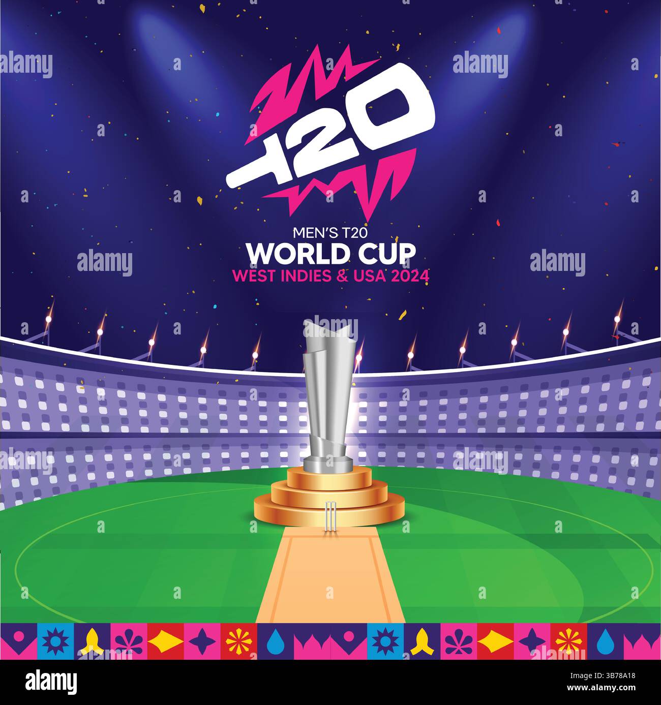 T20 World Cup Banner Pitch und Trophäe mit abstraktem Hintergrund des Themenstadions Stock Vektor