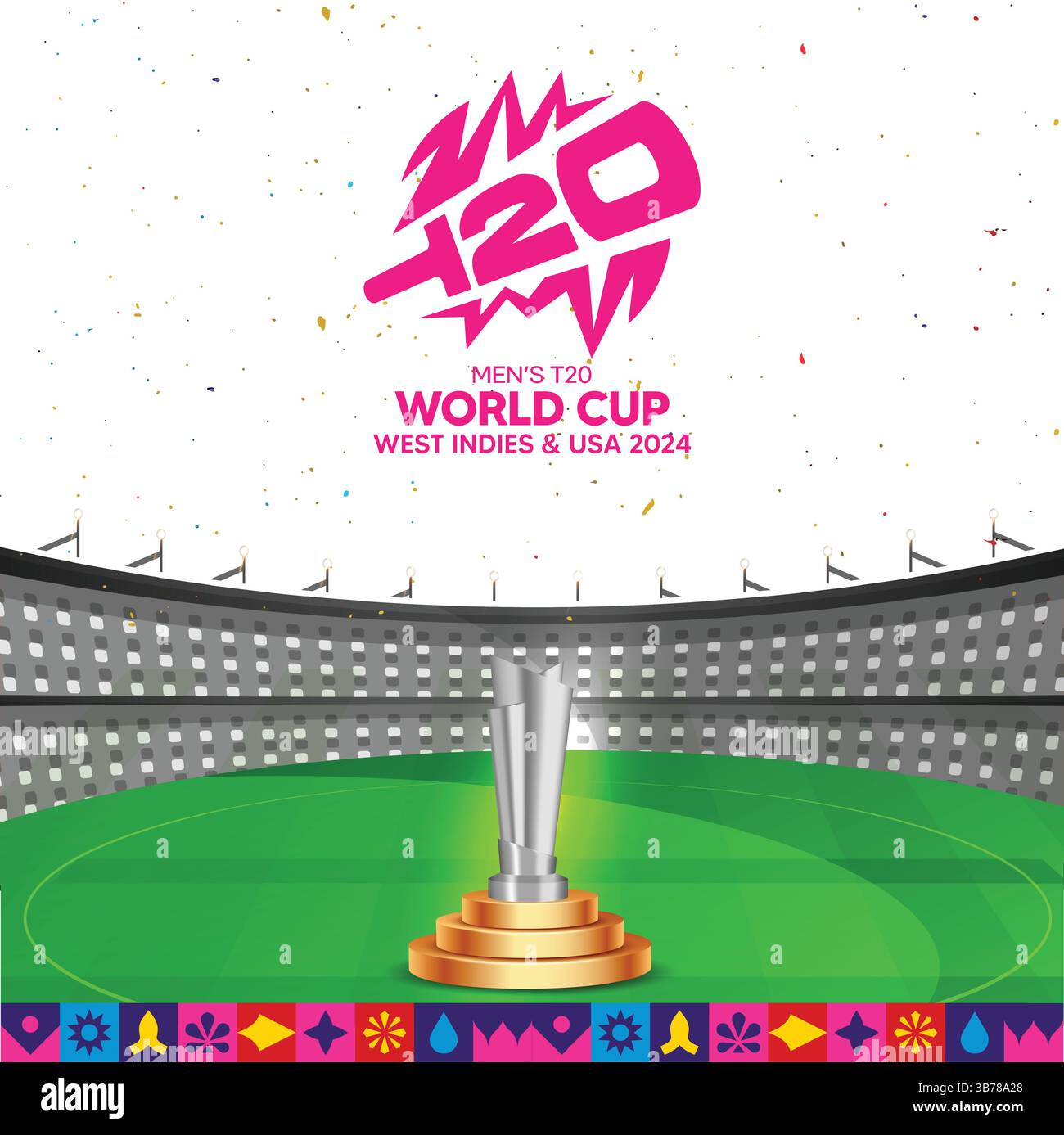T20 World Cup mit Thema mit Stadionlicht und Trophäe weißem Himmel abstrakter Hintergrund Stock Vektor