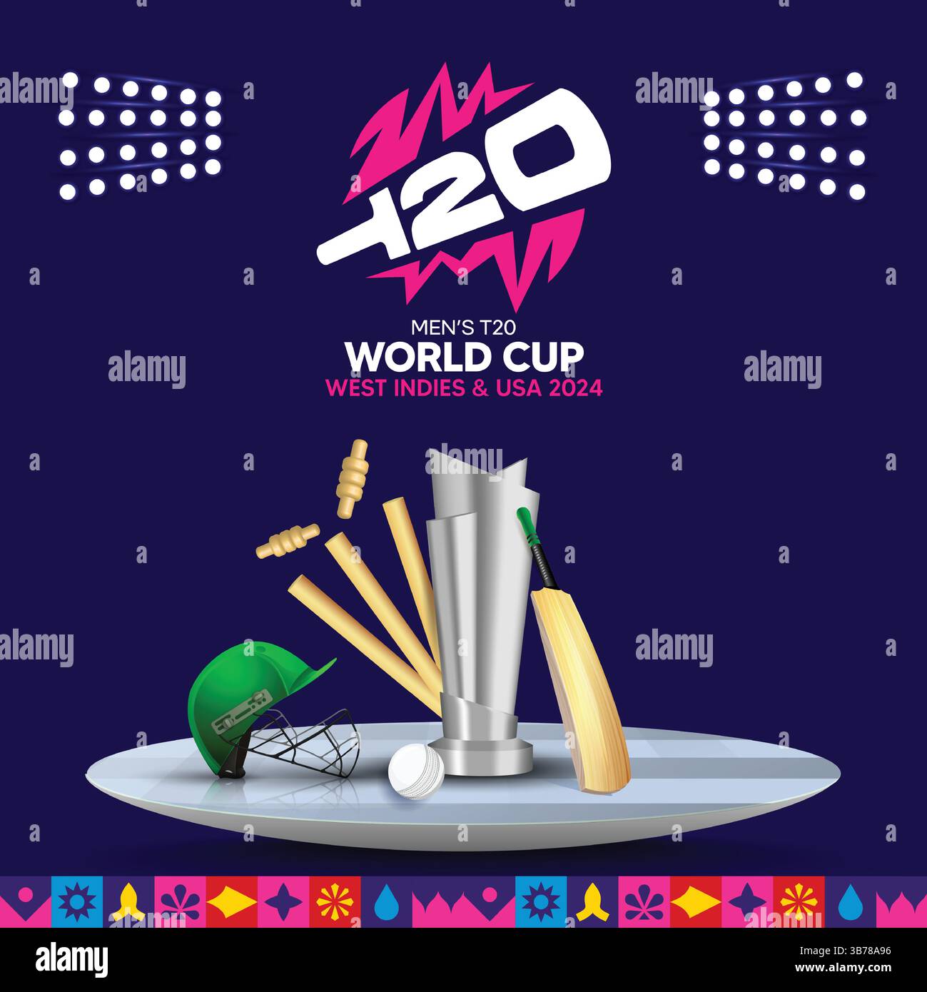T20 World Cup mit Thema Trophäe Stadium leichte Fledermaus Wicket Ball Helm Trophäe abstrakter Hintergrund Stock Vektor